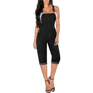 Hybrid & Company Womens Denim Bib Sleeveless Overalls Utility Rompers Capri Jumpsuit with Pockets (Medium, Qvj156998-black)