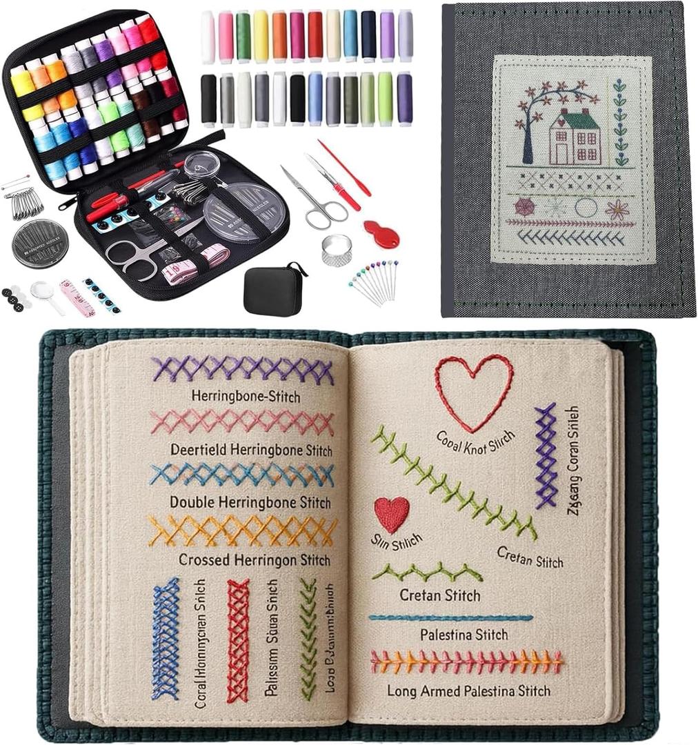 Kaminii 2026 New DIY Stitch Book, Embroidery Stitch Book on Linen Fabric, Complete Toolkit, Perfect for Beginners and Craft Lovers,Unique Handmade Gift (Style 1)