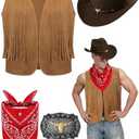 Toulite 4 Pcs Western Outfits for Men Cowboy Tassel Vest Hat Belt Buckle Paisley Bandana for Halloween Cosplay Large