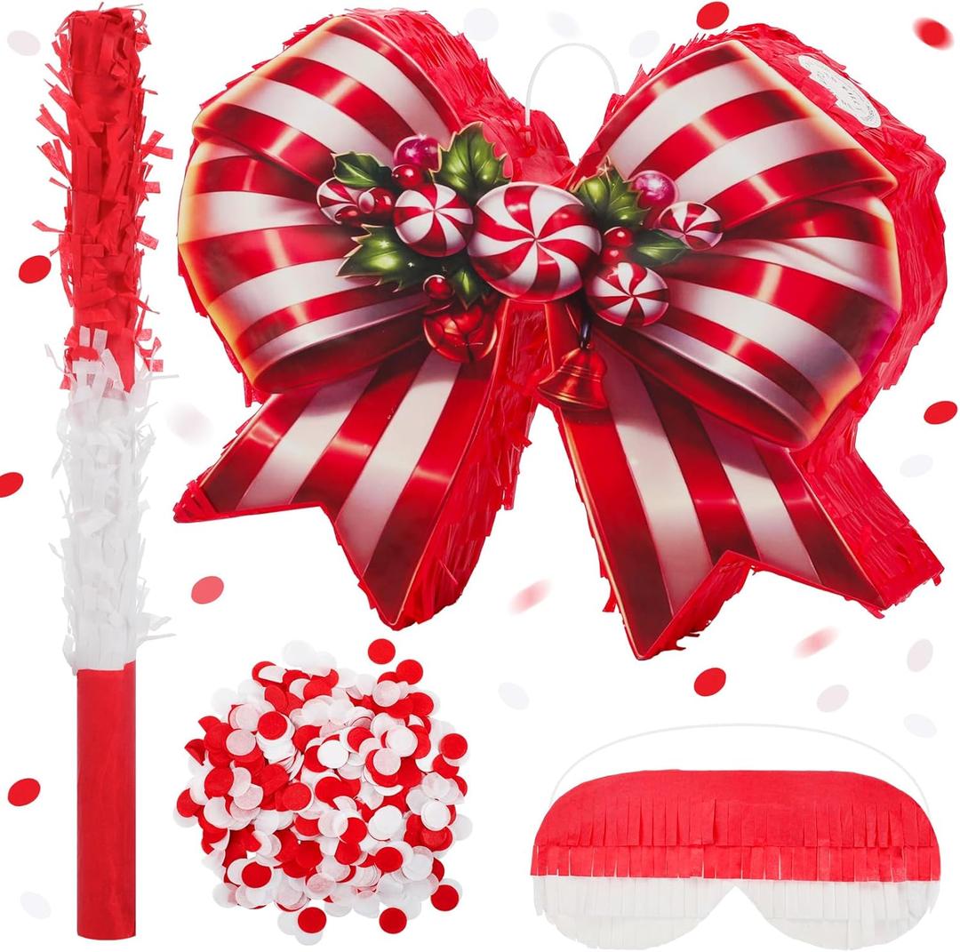 Red Christmas Bow Piata 15 Inch Candy Cane Bow Piata with Bat Blindfold and Confetti for Birthday Christmas Holiday Party Decorations Xmas Party Game Supplies