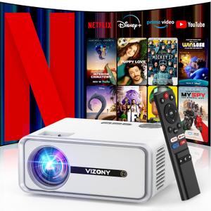 [Netflix Licensed/Dolby Audio] Smart Projector with WiFi and Bluetooth, VIZONY Native 1080P Projector with Apps Built in Netflix, Youtube, Hulu, Disney+, Portable Mini Projector for Indoor/Outdoor (White)