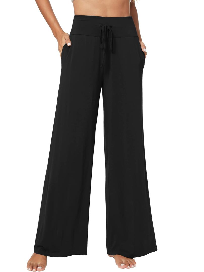 WiWi Wide Leg Pajama Pants for Women Viscose from Bamboo Super Soft Sleep Pj Sweatpants Lounge Palazzo Pjs Bottoms with Pockets S-XXL, Black, Large (Black, L)