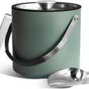 Bakpoco 3L Ice Bucket with Silicone Lid, Scoop, Tongs & Strainer, Stainless Steel Double Wall Insulated Ice Buckets for Parties & Cocktail Bar, Outdoor Champagne Ice Container Bin, Dusty Green