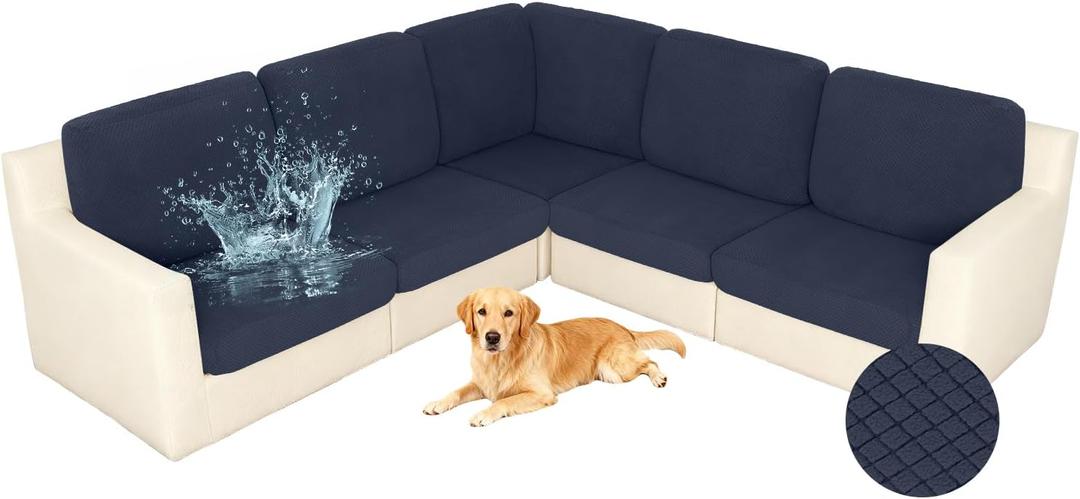 ALIECOM Blue Sectional Couch Covers, 100% Waterproof High Stretch Sofa Slipcovers Soft Washable Couch Cushion Covers Sofa Covers for Kids/Pets (5 Seat and 6 Backrest Covers, Navy)