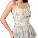 RoseSeek Women's Boho Floral Smocked Camisole Tops Ruffle Hem Spaghetti Strap Babydoll Peplum Top (White, M)