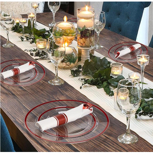 Pre Wrapped Cutlery Set- 25 sets of Fork, Knife, Spoon wrapped in a napkin - 25 Small Plates- 25 Big Plates (Red)