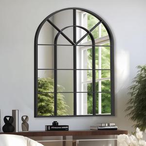 Black Arched Metal Window Mirror 32"x45" - Shatterproof Wall Decor for Fireplace, Living Room, Dining Room, Entrances, Against The Wall - Distortion-Free, Easy Mounting