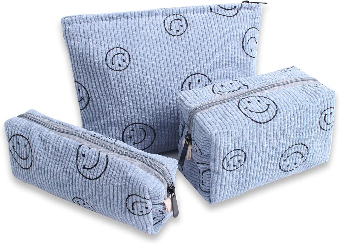 Cosmetic Bags for Women - 3PCs Corduroy Cosmetic Bag Aesthetic Women Handbags Purses Smile Dots Makeup Organizer Storage Makeup Bag Girls Case Bags (3Pcs blue)
