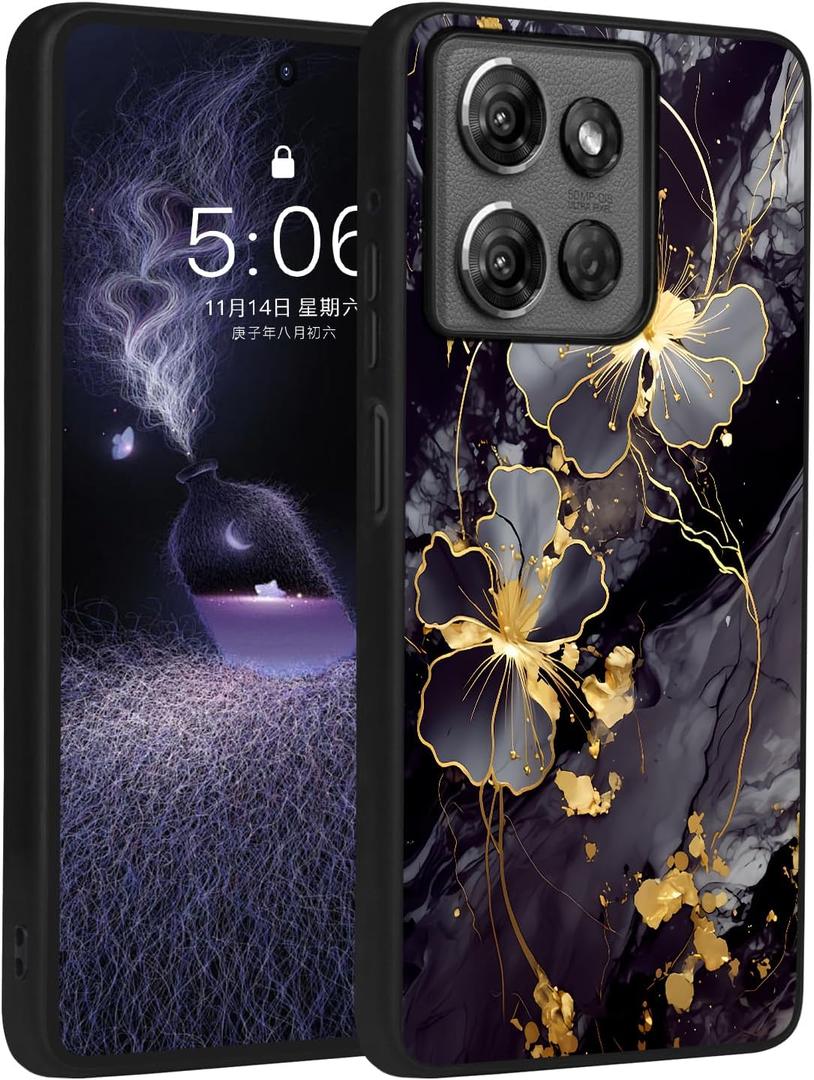 for Moto G Stylus 5G 2025 Case,Cute Flower Slim Fit [Glow in The Dark] Hybrid Hard PC Soft TPU Shockproof Drop Protective,Aesthetic Phone Case for Motorola G Stylus 5G 2025Black Gold Marble