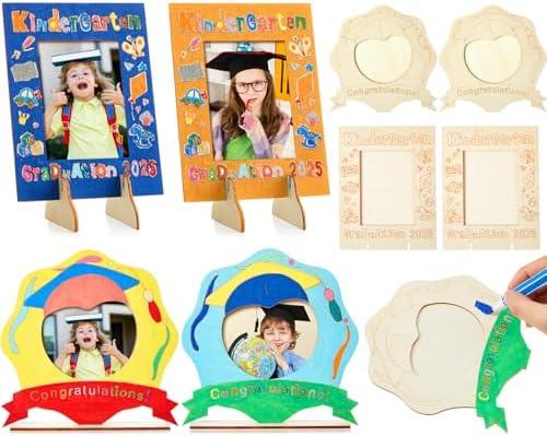 DoubleFill 8 Pieces Kindergarten Graduation Picture Frame Preschool Graduation Crafts DIY Wooden Photo Frame Gifts for Party Favor Decorations Classroom Activities (Round, Rectangle)