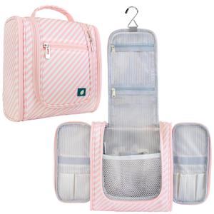 PAVILIA Toiletry Bag Travel Bag for Women Men, Hanging Cosmetic Organizer, Water Resistant Makeup Bag for Accessories Toiletries, Large Travel Essentials Kit (Pink Stripe) (Standard (9x4x9))