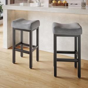 29 Inch Bar Height Bar Stools Set of 2, 29" Barstools for Kitchen Island Counter, Backless Bonded Leather Bar Height Stools with Thick Saddle Seats & Heavy Duty Metal Base, Easy Assembly, Gray/Black