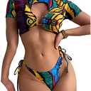 OYOANGLE Women's 2 Piece Swimsuit Graffiti Print Cut Out Ring Linked Bikini Set Tie Side Bathing Suit Multicolor M