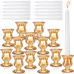 Glass Clear Taper Candle Holders Set Bulk Clear Taper Candlestick Holders White Candles Tall Candlesticks for Wedding Table Centerpiece Birthday Anniversary Party Decor(Amber)