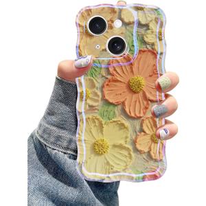 Jusy Compatible with iPhone 14 Plus/15 Plus, Colorful Retro Oil Painting Printed Flower Laser Glossy Pattern Cute Curly Wave Phone Case Soft TPU Cover for Girly Women - Orange Yellow