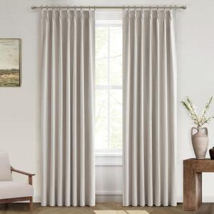 100% Blackout Thermal Curtains 84 Length 2 Panels Set for Bedroom, Linen Windows Pinch Pleated Drapes with Hooks for Track 7ft Modern Rustic Living Room Darkening Curtains 84 Inches Long Off White (Natural)