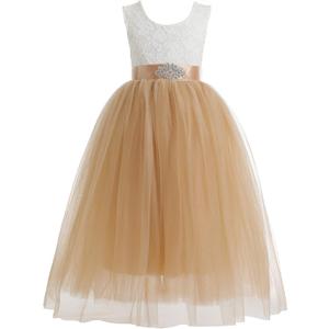 Glamulice Sleeveless Flower Girl Dress A-Line Straight Tutu Tulle Backless Princess Puffy Lace Dresses Fancy Party Gown (10-11 Years, Golden + Ivory)