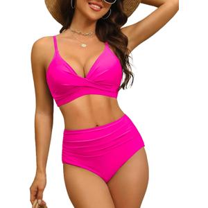 Women's High Waisted Bikini Set Push Up V Neck Ruched Bottom Stylish Two Piece Swimsuit Bathing Suit (Large)