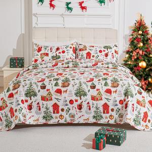 3-Piece Christmas Quilt Set Queen/Full Size Cozy Xmas Snowman Bedding Sets Soft Christmas Tree Bedspread, Holiday Santa Quilt Coverlets Set for Home Decoration with 2 Pillow Shams,Red Green