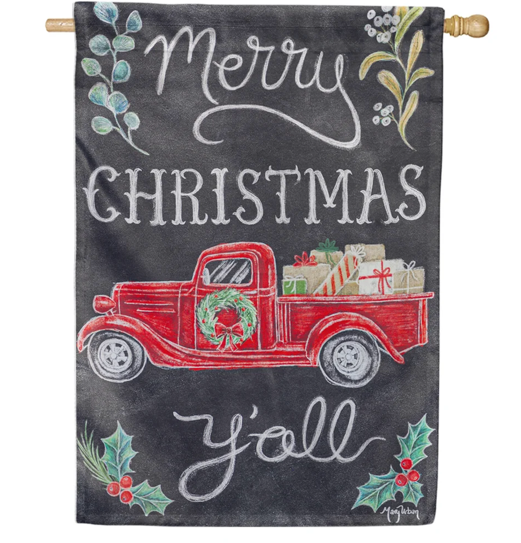 4 x Evergreen Merry Christmas Y'all Red Truck House Flag 