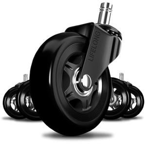 Lifelong Office Chair Wheels Replacement Rubber Chairs Casters for Hardwood Floors and Carpet, Set of 5, Heavy Duty Desk Casters for Chairs to Replace Office Chair Mats - Universal Fit (3 Inch, Dark Black)
