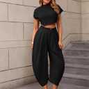 Ekaliy Casual Two Piece Sets For Women Mock Neck Short Sleeve Crop Tops and Palazzo Pants Set Summer Outfits (Black, XXL)