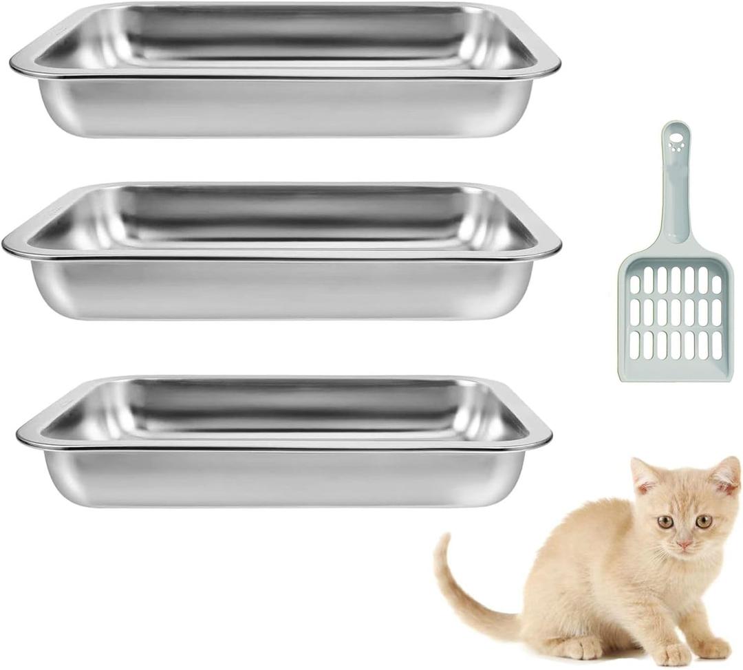 3 Pcs Kitten Litter Box with 1 Scoop,Stainless Steel Small Litter Box, 12.4"8.4"1.37" Metal Litter Pan, Small Litter Pan for Little Cats Kittens, Easy Cleaning