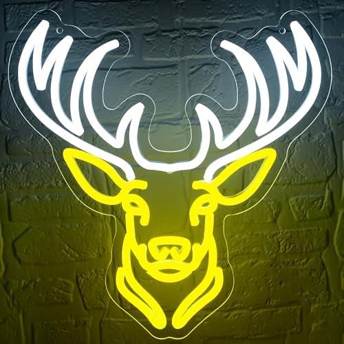 Deer Head Neon Sign for Wall Decor Animal Deer Neon Light Dimmable LED Light Up Sign for Man Cave Church Bedroom Bar Hunting Party Restaurant Christmas Birthday Gifts Art Size 13.3 * 14.1In(WZCP064), Yellow Deer