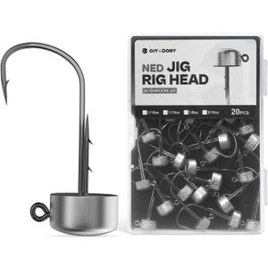 Ned Rig Jig Heads, 20 Pack Finesse Mushroom Jig Hooks Kit for Bass Fishing 1/16 3/32 1/8 3/16oz