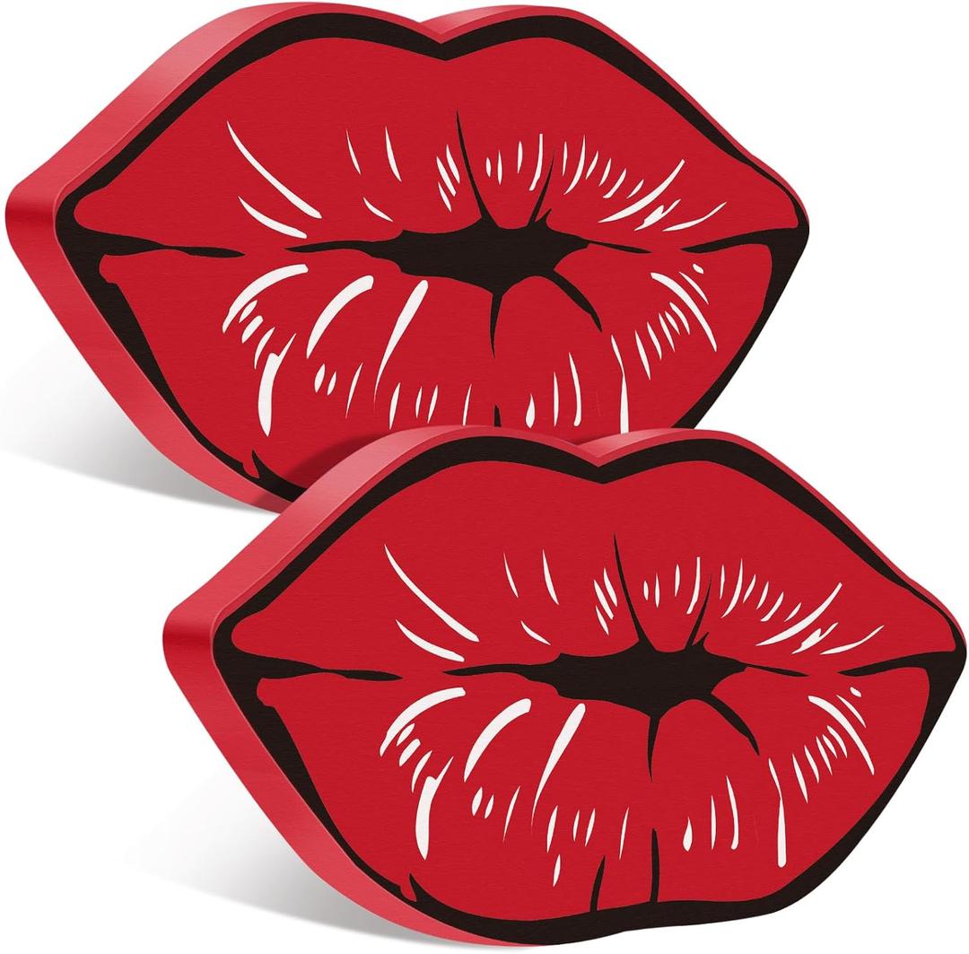 2 Pcs Valentines Day Lips Decor Kisses Sign Valentines Decor Indoor Galentines Day Decoration Wood Tiered Tray Decors for Wedding Anniversary Home Table Decoration, 6.3 x 3.5 x 0.47 Inch(Red)