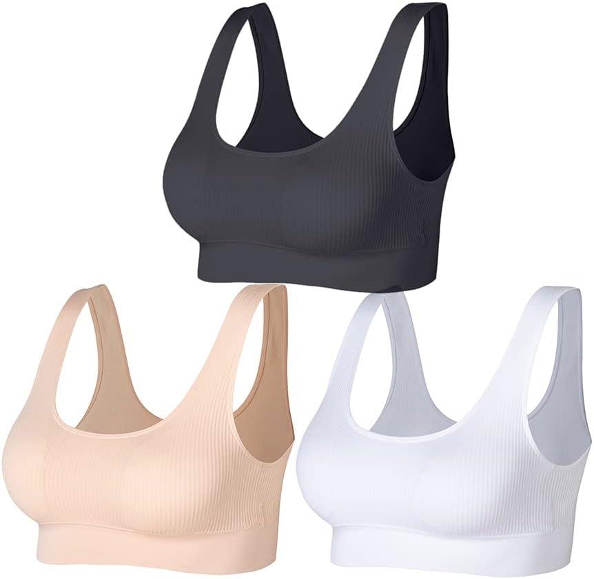 Ribbed Bralettes for Women Yoga Sport Bras Wireless Sleep Bras with Removable Pads 3 Pack (Small, Black+ beige+ white)