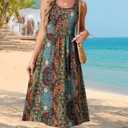 WIHOLL Womens Summer Dresses Midi Dresses for Women Boho Vacation Sleeveless Flowy Casual Spring Dress Hawaiian Beach Long Dress Sundresses for Women Teal Boho Floral Print L
