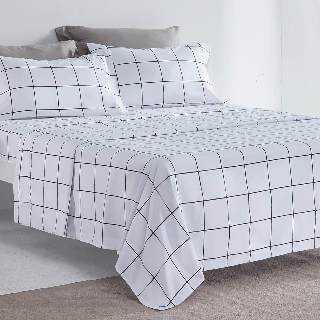 SLEEP ZONE Printed Plaid Queen Size Sheet Set 4 Piece - Double Brushed Microfiber Super Soft Breathable Bedding Sheets with 16 inch Deep Pocket (Black Grid Printed on White)