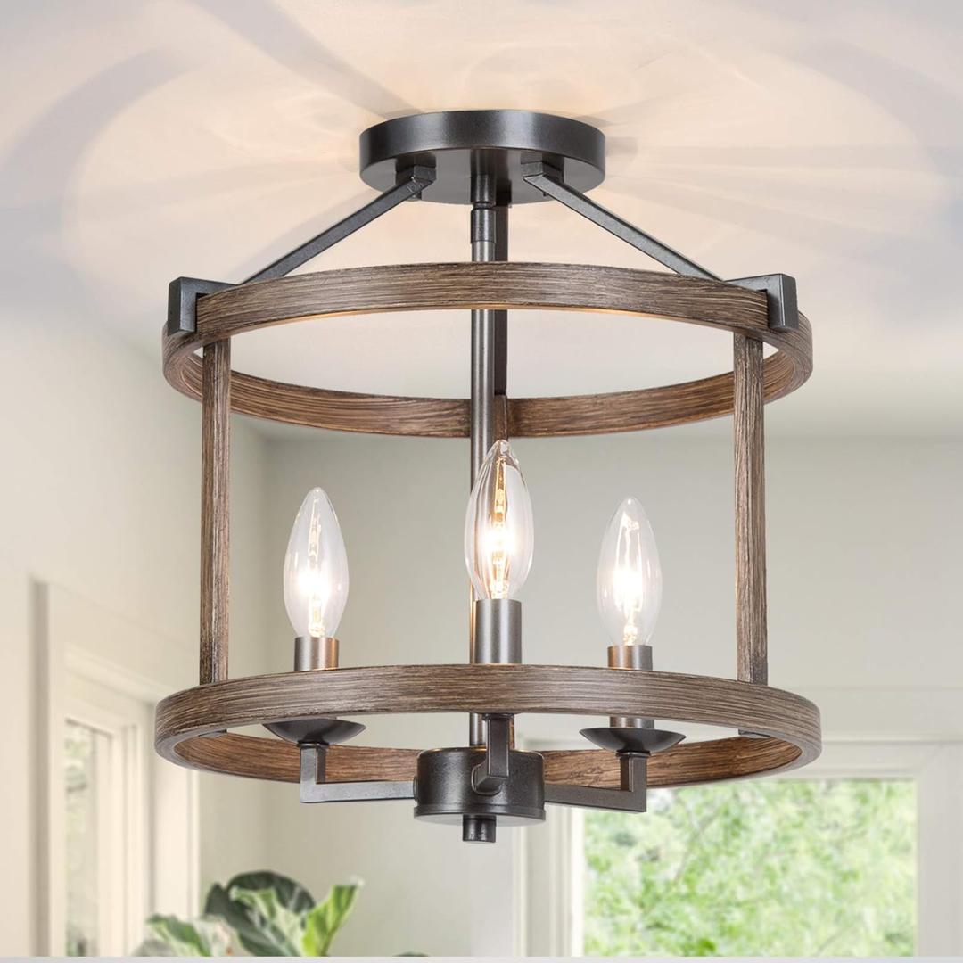 Semi Flush Mount Ceiling Light Fixture, Farmhouse Faux Wood Ceiling Light for Bedroom Hallway, Foyer, Entryway, Kitchen, Stairway, Dining & Living Room