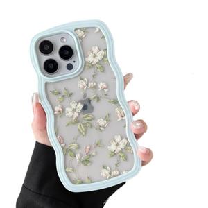 ZTOFERA Floral Case for iPhone 16 Pro 6.3 inch,Cute Curly Wave Frame Shape Case with Green Leaf Flower Pattern for Women Girls, Clear Slim Shockproof Phone Cover for iPhone 16 Pro, Green