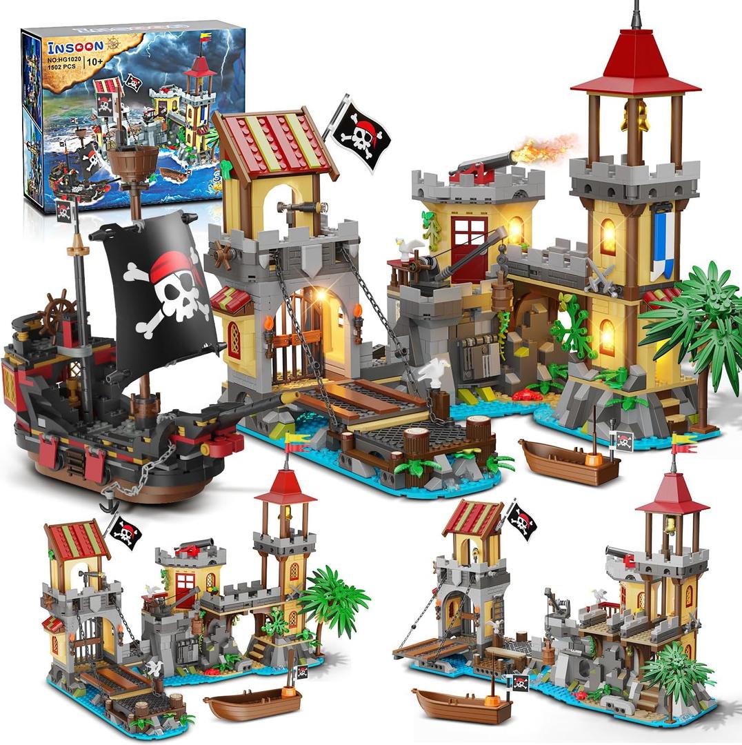 Pirate Castle Building Set with Light, 3 Modes Big Pirates Ship Bay Building Block 1502 PCS, Medieval Pirate Wharf House Construction Model Toy Home Decor for Adults Teens Boys Girls 10-12+