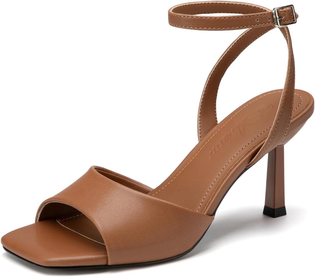 Athlefit High Heels for Women Square Open Toe Mesh 3-Inch Stiletto Heels Ankle Strap Summer Heeled Sandals for Wedding Party, 7