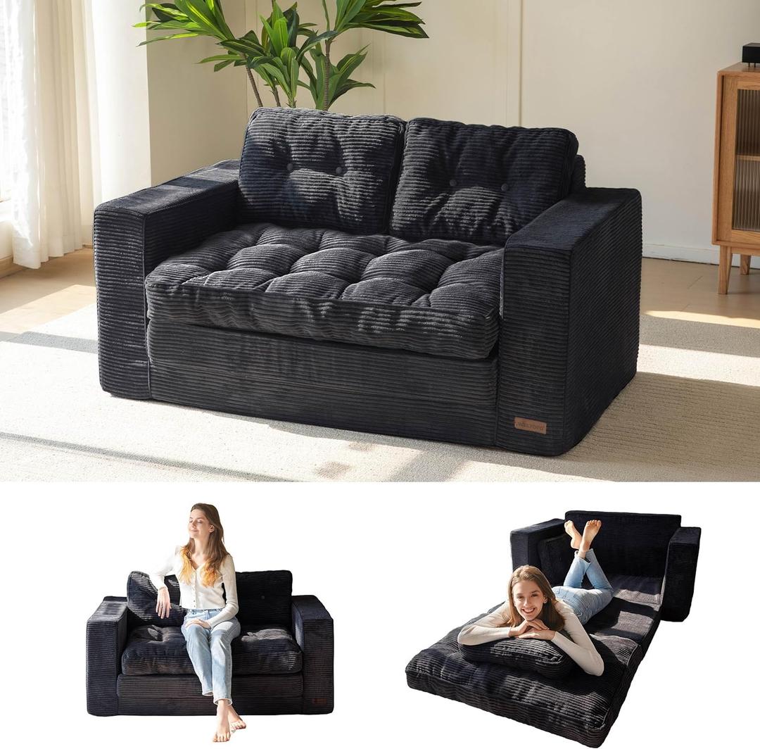 MAXYOYO Convertible Sofa Bed, Pull Out Loveseat Sleeper Sofa, 2 in 1 Folding Couch Bed, Fold Out Floor Couch with Pillows for Living Room Bedroom Lounge, Black (Large)
