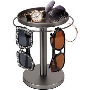 kondyfayo 360 Rotating Sunglass Organizer Storage, Stainless Steel Glasses Holder Stand, Glasses Organizer with Tray for Desk, Dresser, Tabletop, Nightstand and Home Decor(Titanium Black)