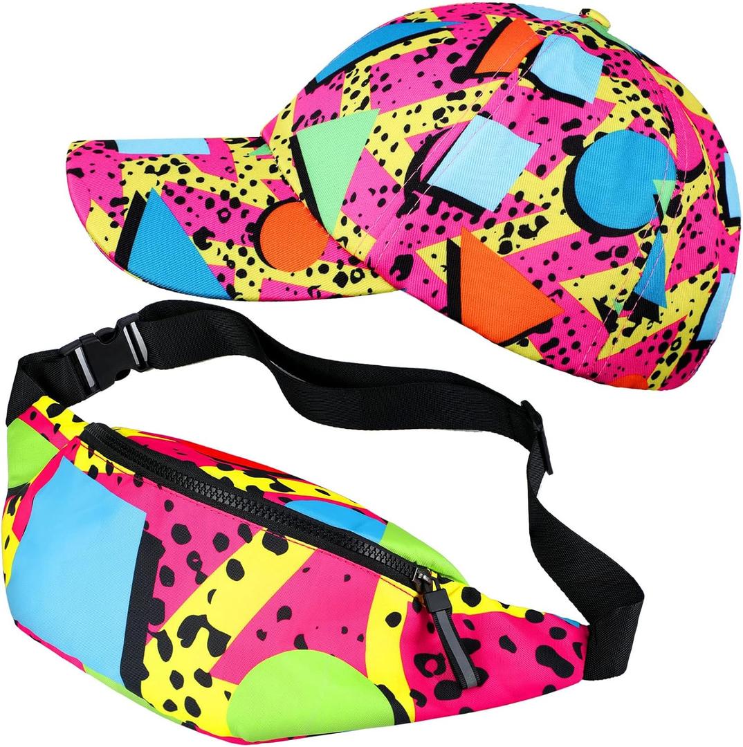 Sotiff 2 Pcs Retro 80s 90s Outfits for Women Men 80s Fanny Pack and Hat 90s Costumes Adjustable Waist BagBucket Hats for Themed Party(Bright Style)