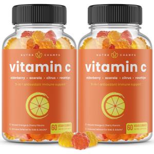 NutraChamps Vitamin C Gummies for Adults & Kids, 5-in-1 Immune System Support with Elderberry, Rosehips, Citrus Bioflavonoids & Acerola Cherry, Immunity Booster Supplement (Pack of 2) BBD 11/2027