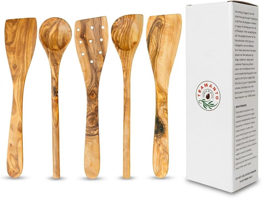 Tramanto Olive Wood Utensil Set - 5 Piece Spatula and Spoon Wooden Cooking Tools, 12 Inch Long, Rustic Hand Made with Gift Box