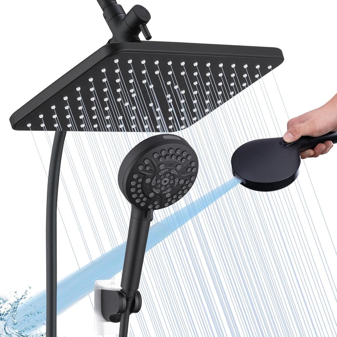 12'' Fixed High Pressure Rain Shower Head,10Modes HandHeld Shower head with Power Jets,Shower Heads with Handheld Spray Combo and 70''Soft PVC Hose Easily Detachable Showerheads Matte Black