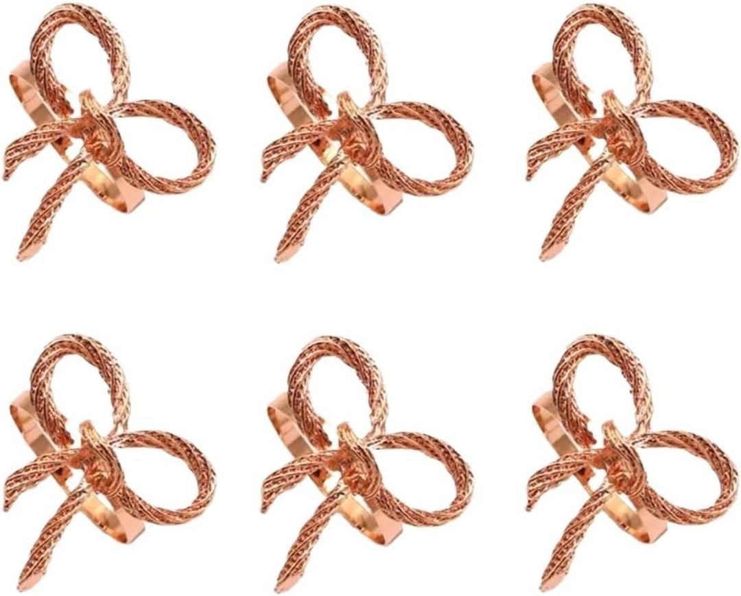Napkin Rings 24Pcs Bowknot Napkin Rings Metal Gold Silver Napkin Holder for Christmas Thanksgiving Wedding Banquet Table Decorations for Family Dinner, Wedding(6pcs Rose Gold)