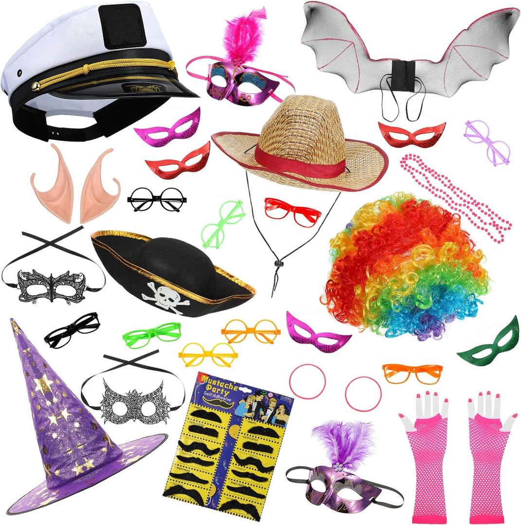 33 Pcs Funny Captain Hat & Glasses Photo Booth Kit Props, Assorted Costume Accessories for Wedding, Kids Birthday, Family & Carnival Party