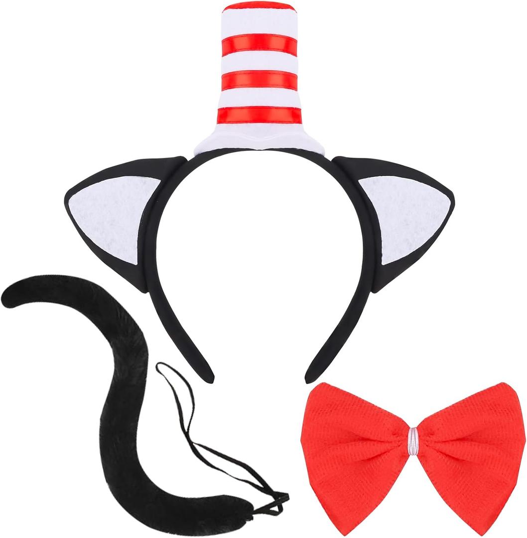 Aprince 3PCS Cat Hat in Red White Ear Headband with Bow Tie and Tail Costume Accessories Cosplay Party Decorations for Adults
