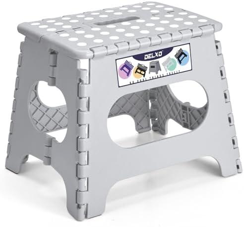 Delxo Folding Step Stool, 11 inch Non-Slip Foldable Stools for Kids & Adults Up to 300 LBS, Step Stool with Handle, Lightweight for Kitchen, Bathroom, Bedroom, Garden, Grey, 1PC