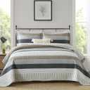 Finlonte Queen Size Quilt Set, 100% Cotton, Grey Striped Reversible Lightweight Soft Quilted Comforter Set for All Season, 3-Piece (Queen (90"x98"), Grey/Brown/Beige)