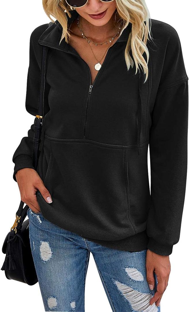 PRETTYGARDEN Women's Casual Long Sleeve Lapel Zipper Sweatshirt Drawstring Loose Pullover Tops (Large, Black)