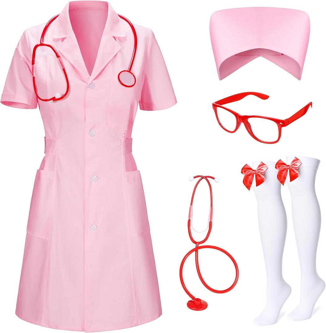 TOKYO REVENGERS Women 5Pcs Halloween Nurse Costume Set Doctor Outfit Lab Coat Nurse Hat Cosplay Party Costume Accessories (Large, Pink)